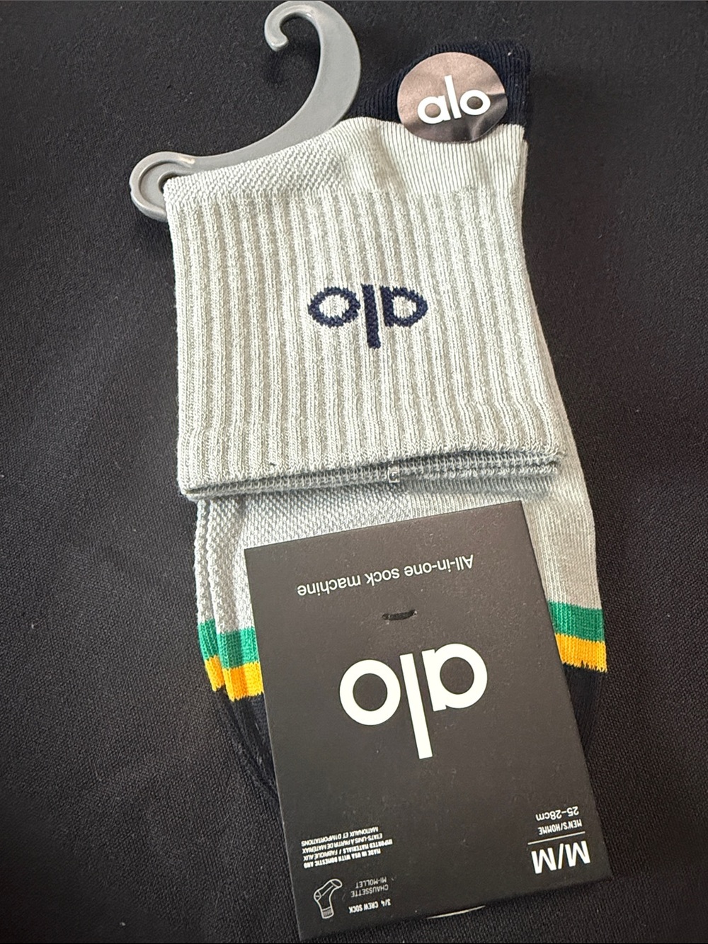 ALO Yoga Light Gray Crew Socks with Green & Yellow Accents
